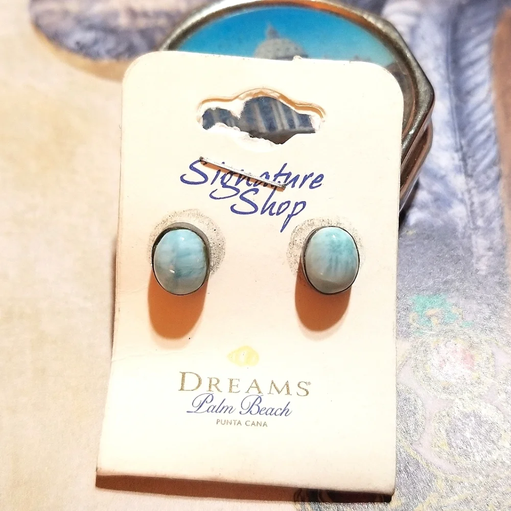 VTG Palm Beach Dreams Larimar Stud Sterling Earrings New Old Stock - Picture 7 of 7